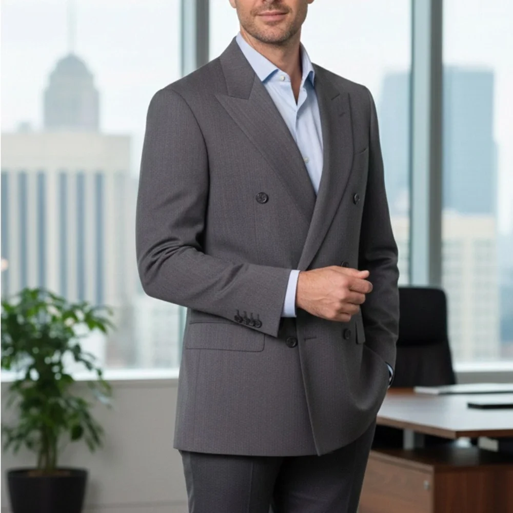 VTG DOUBLE BREASTED Yves Saint Laurent Mens 42R Gray Double Breasted Peak Blazer